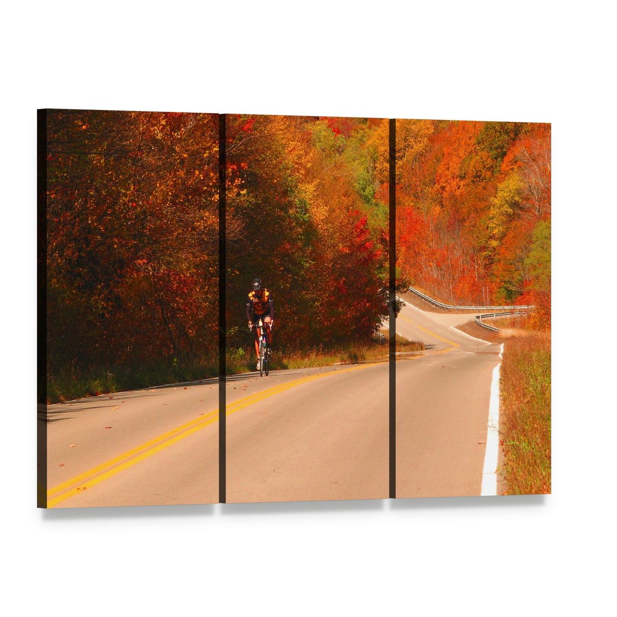 Cyclist on Winding Autumn Road Canvas Wall Art, 3 panel 3 Horizontal layout gallery wrapped canvas set, angled product view