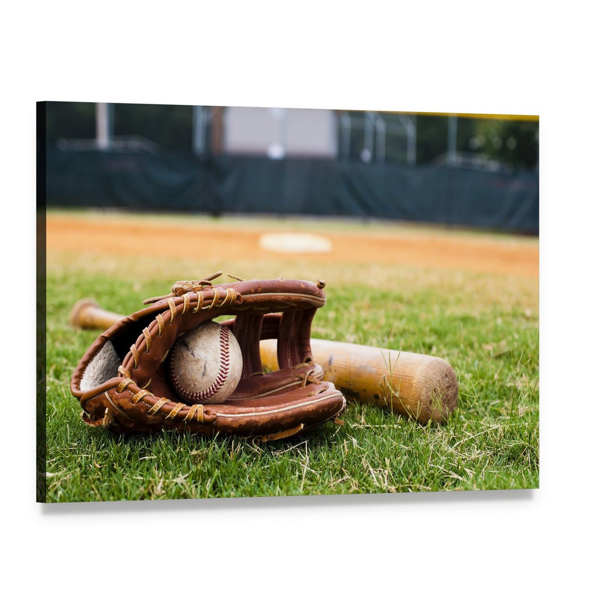 Baseball Glove and Bat Canvas Wall Art, single panel gallery wrapped canvas, angled product view