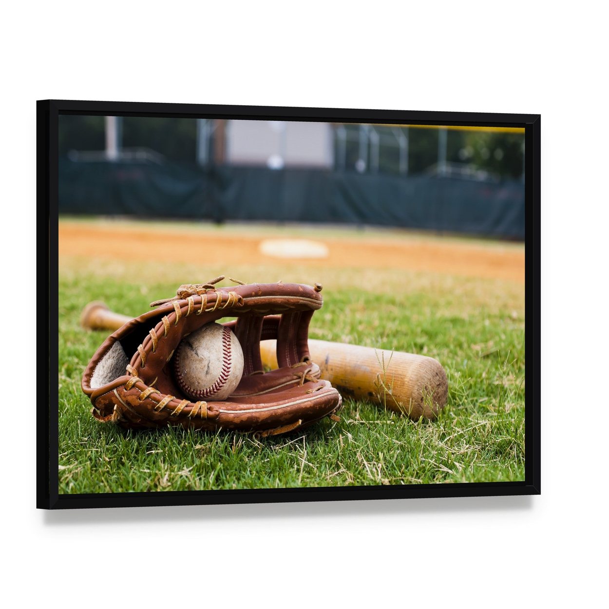 Baseball Glove and Bat Canvas Wall Art, framed canvas in a black floater frame, angled product view