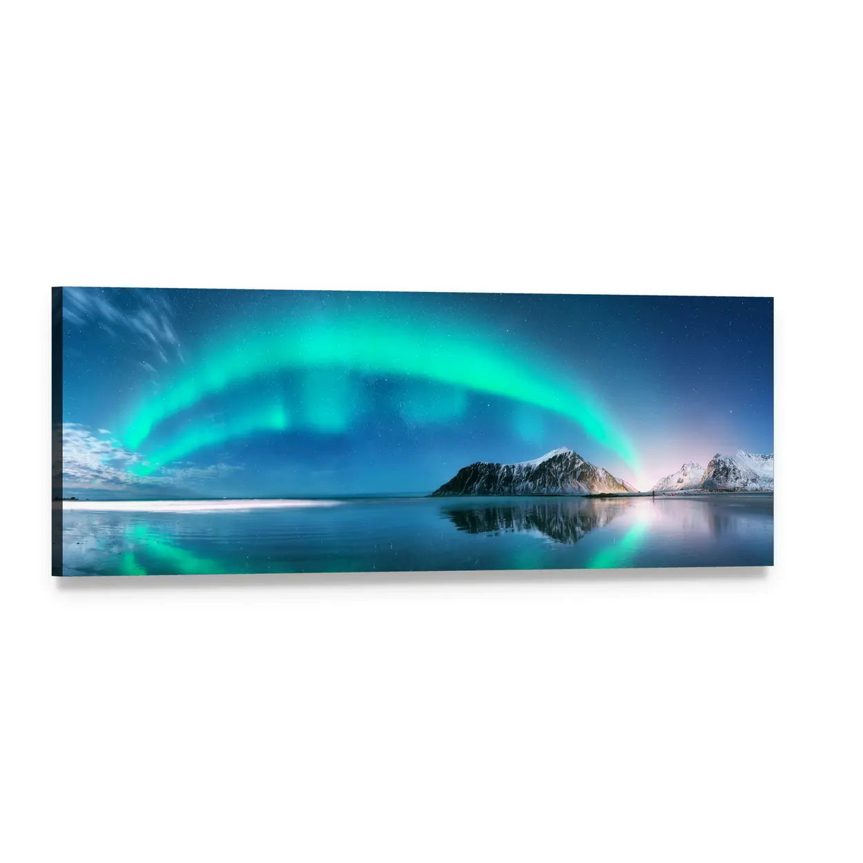 Turquoise Aurora Over Snow-capped Mountains Panoramic Canvas Wall Art, single panel gallery wrapped canvas, angled product view
