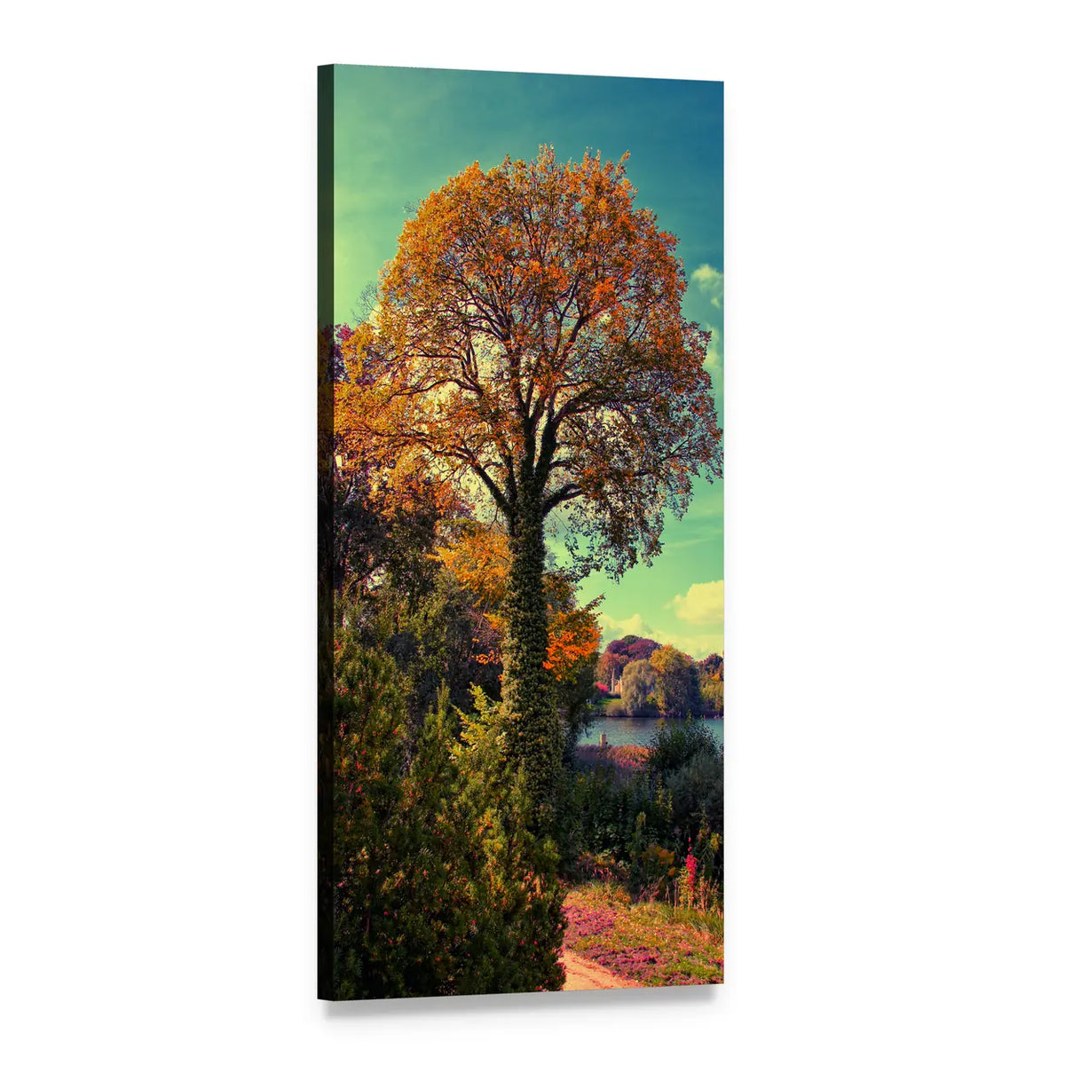 Autumn Lake with Tall Orange Tree Vertical Canvas Wall Art, 1 panel 1 Vertical layout gallery wrapped canvas set, angled product view