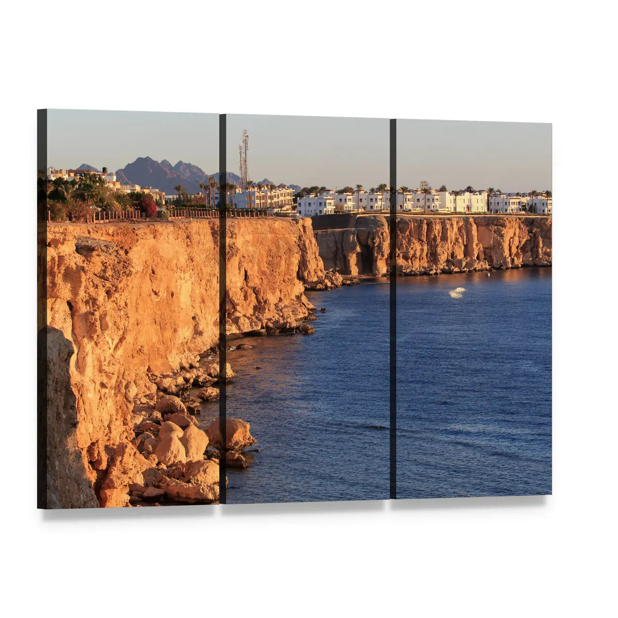 Egyptian Hotel on Red Sea Cliffs Canvas Wall Art, 3 panel 3 Horizontal layout gallery wrapped canvas set, angled product view