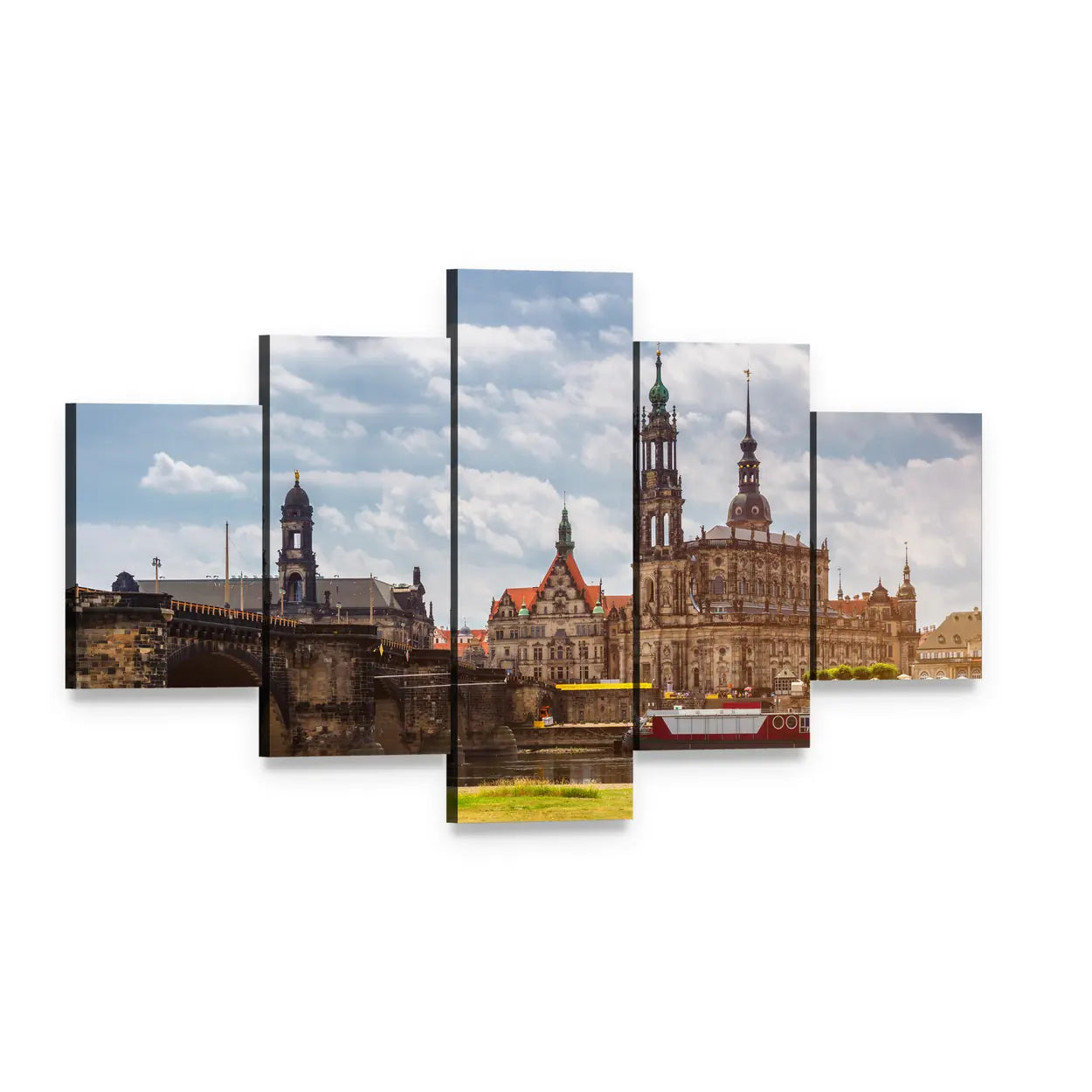 Dresden Riverside Skyline with Cathedral Canvas Wall Art, 5 panel 5 Star layout gallery wrapped canvas set, angled product view