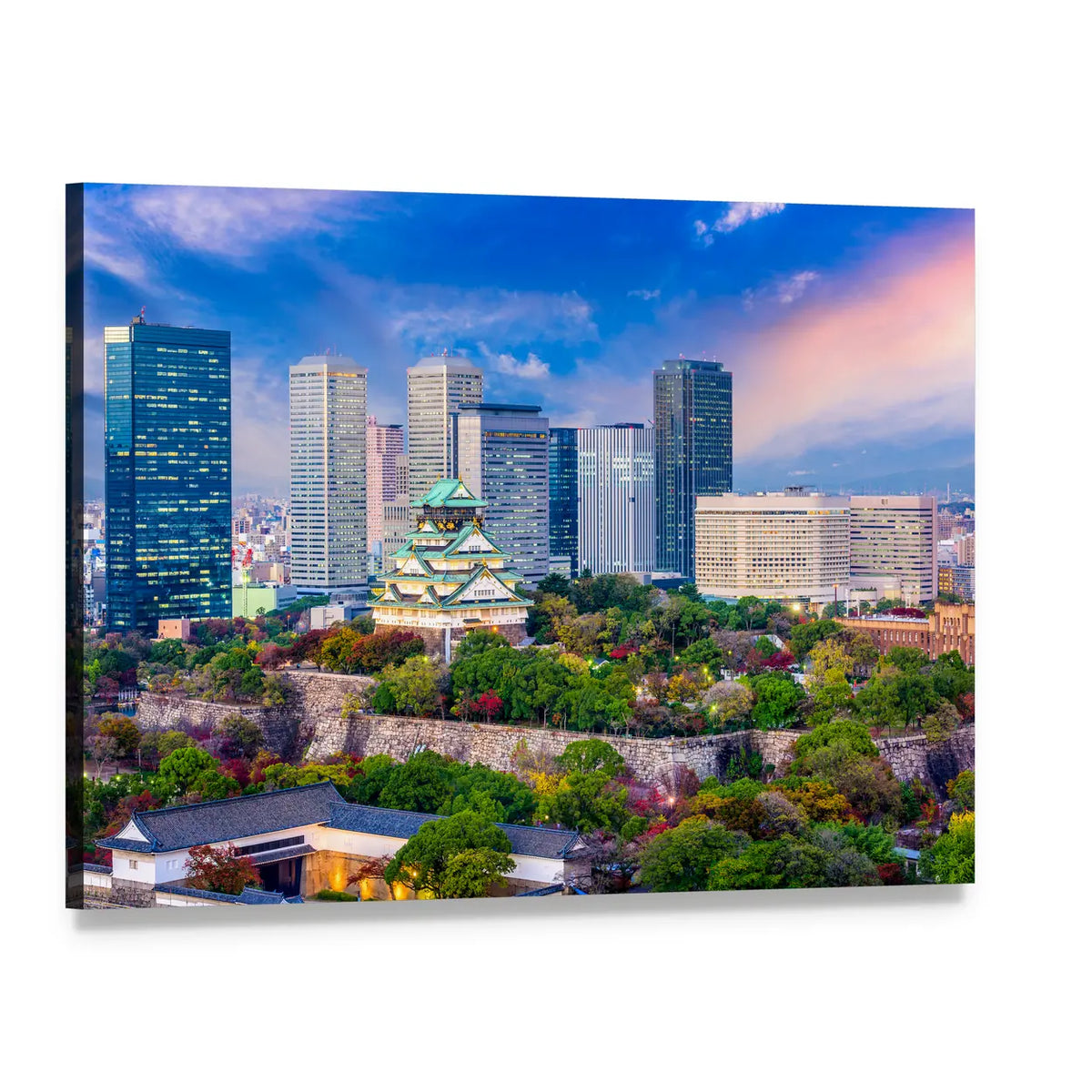 Osaka Castle and City Skyline at Dusk Canvas Wall Art, single panel gallery wrapped canvas, angled product view