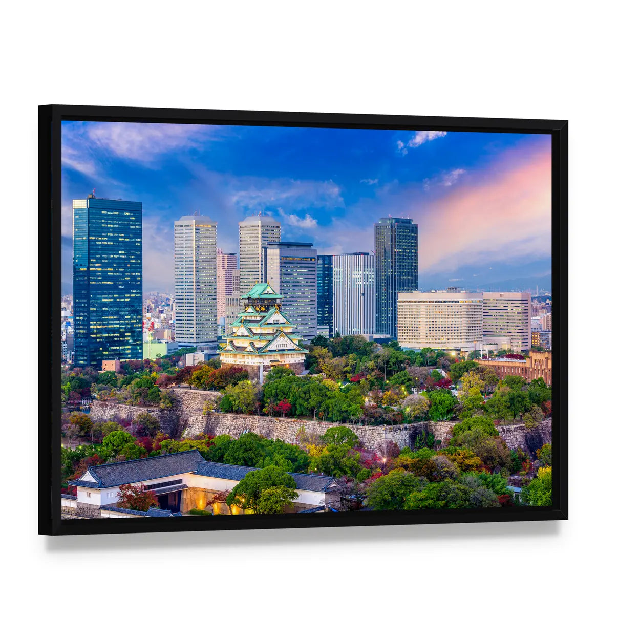 Osaka Castle and City Skyline at Dusk Canvas Wall Art, framed canvas in a black floater frame, angled product view