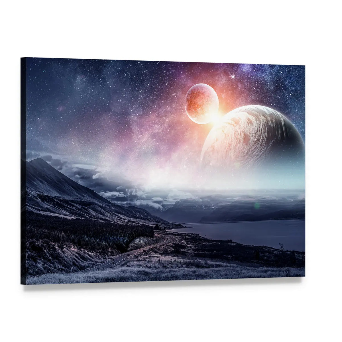 Twin Planets Over Snow-capped Mountain Lake Canvas Wall Art, single panel gallery wrapped canvas, angled product view