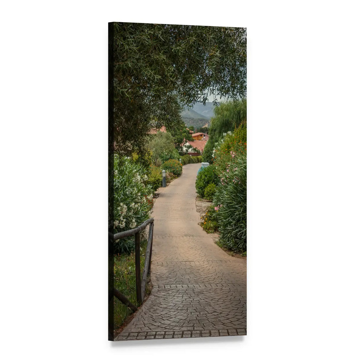 Winding Cobblestone Garden Path Vertical Canvas Wall Art, 1 panel 1 Vertical layout gallery wrapped canvas set, angled product view