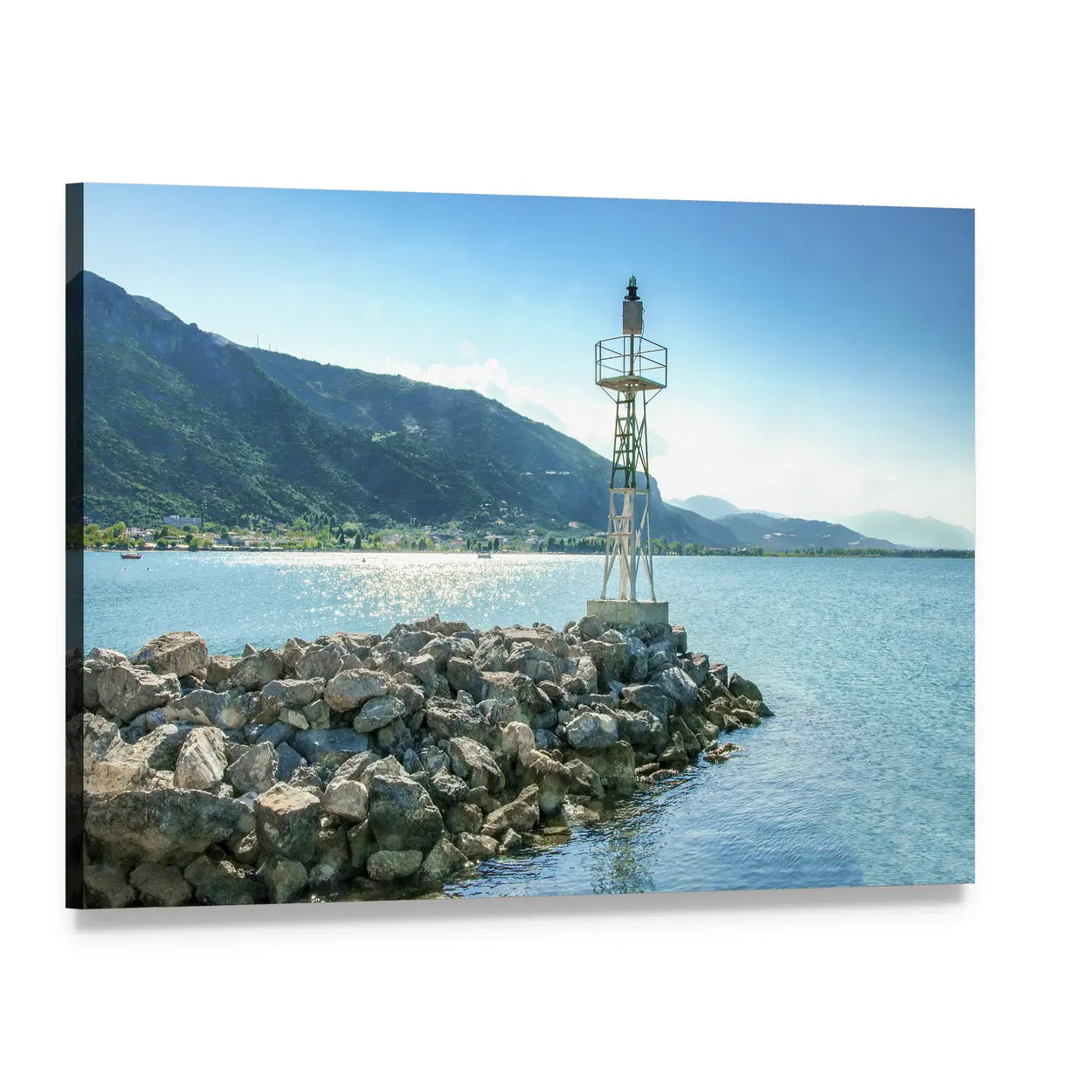 Lighthouse on Rocky Breakwater Canvas Wall Art, single panel gallery wrapped canvas, angled product view
