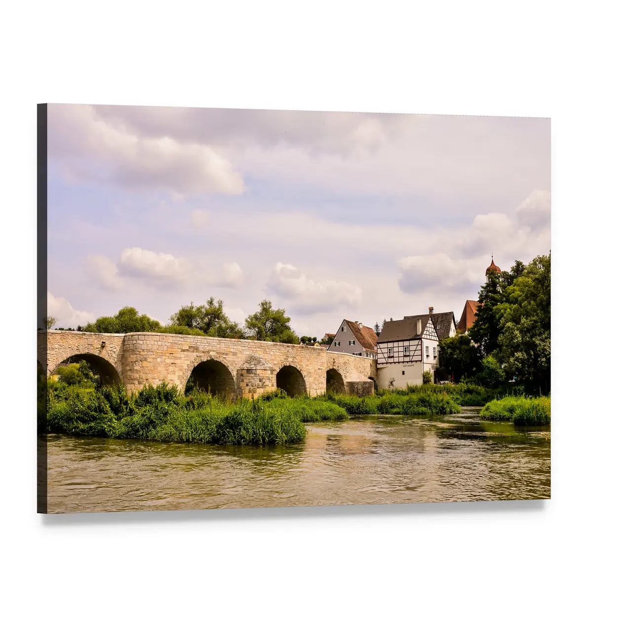 Classic European Village with Stone Arch Bridge Canvas Wall Art, single panel gallery wrapped canvas, angled product view