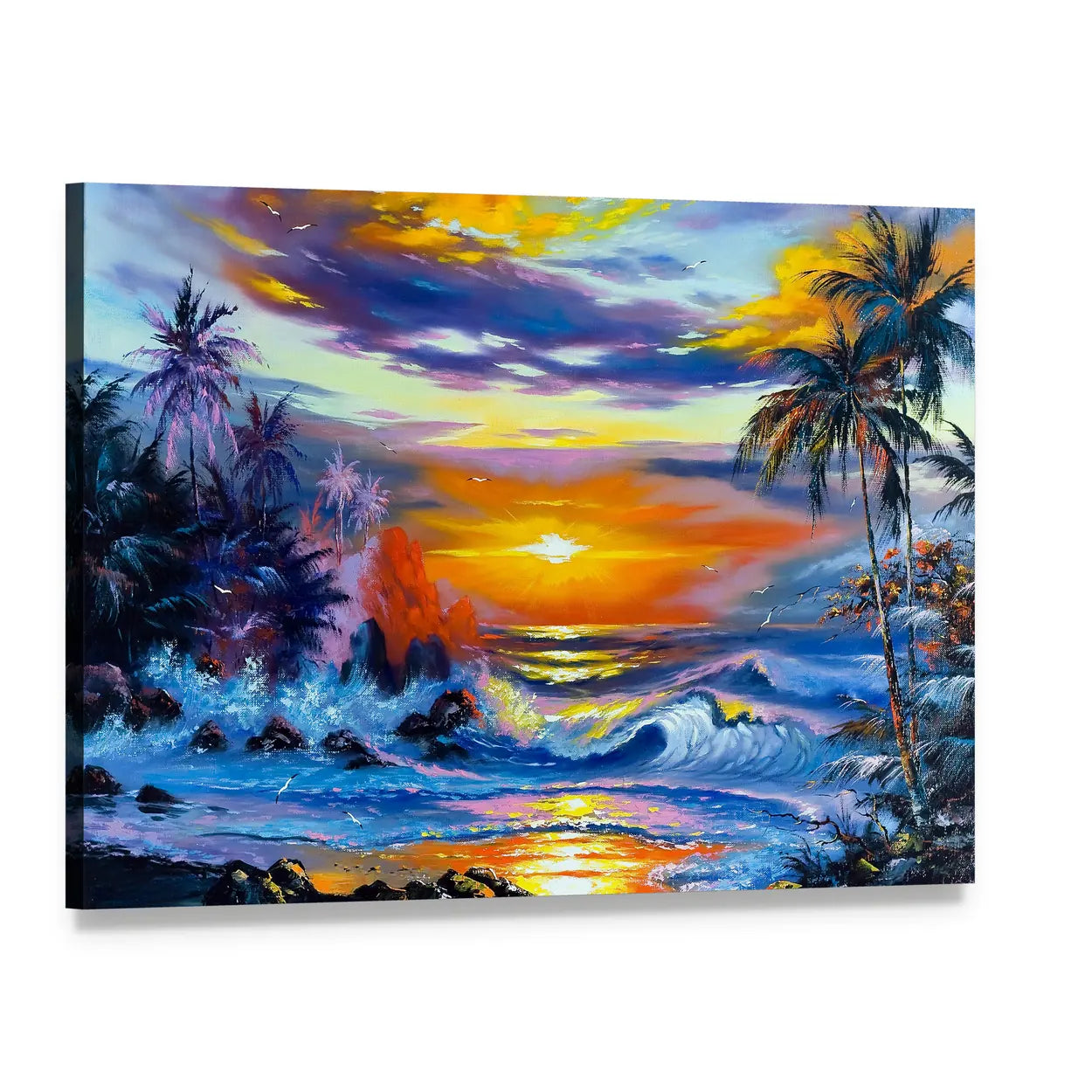 Palm-framed Sunset Over Tropical Waves Canvas Wall Art, single panel gallery wrapped canvas, angled product view