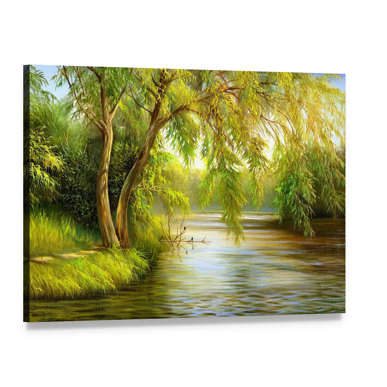 Summer Lake with Weeping Willows Canvas Wall Art, single panel gallery wrapped canvas, angled product view