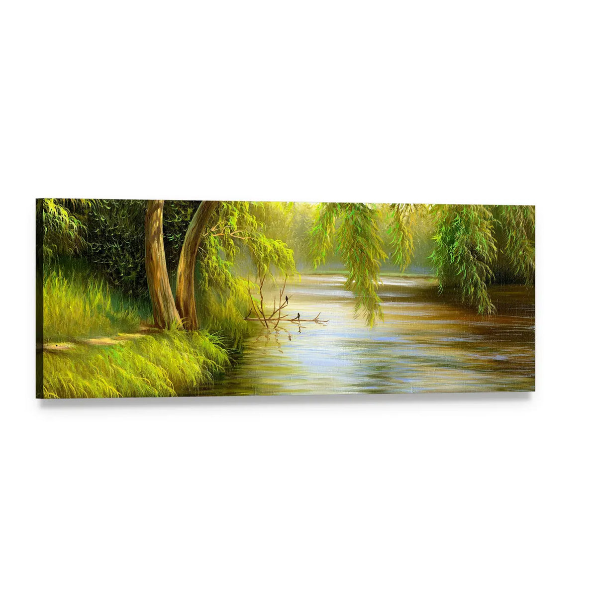Summer Lake with Weeping Willows Panoramic Canvas Wall Art, single panel gallery wrapped canvas, angled product view