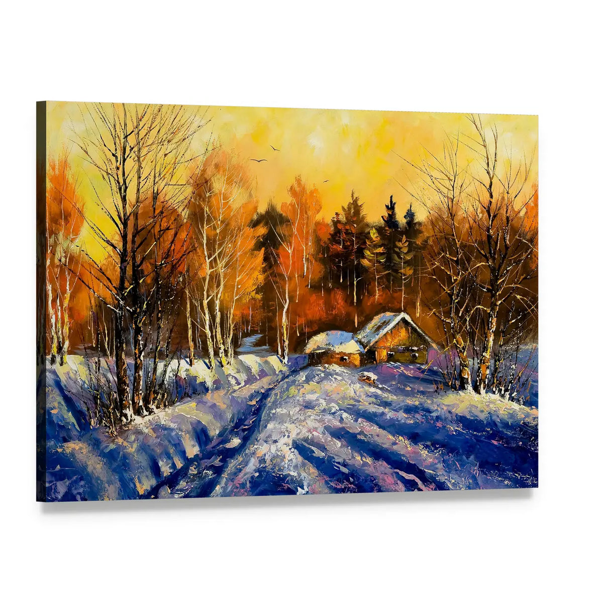 Evening in Winter Village Canvas Wall Art, single panel gallery wrapped canvas, angled product view