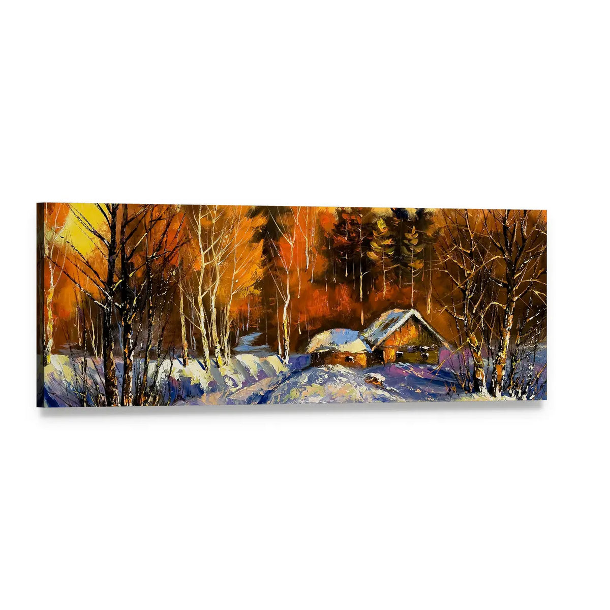 Winter Cabin at Dusk Panoramic Canvas Wall Art, single panel gallery wrapped canvas, angled product view