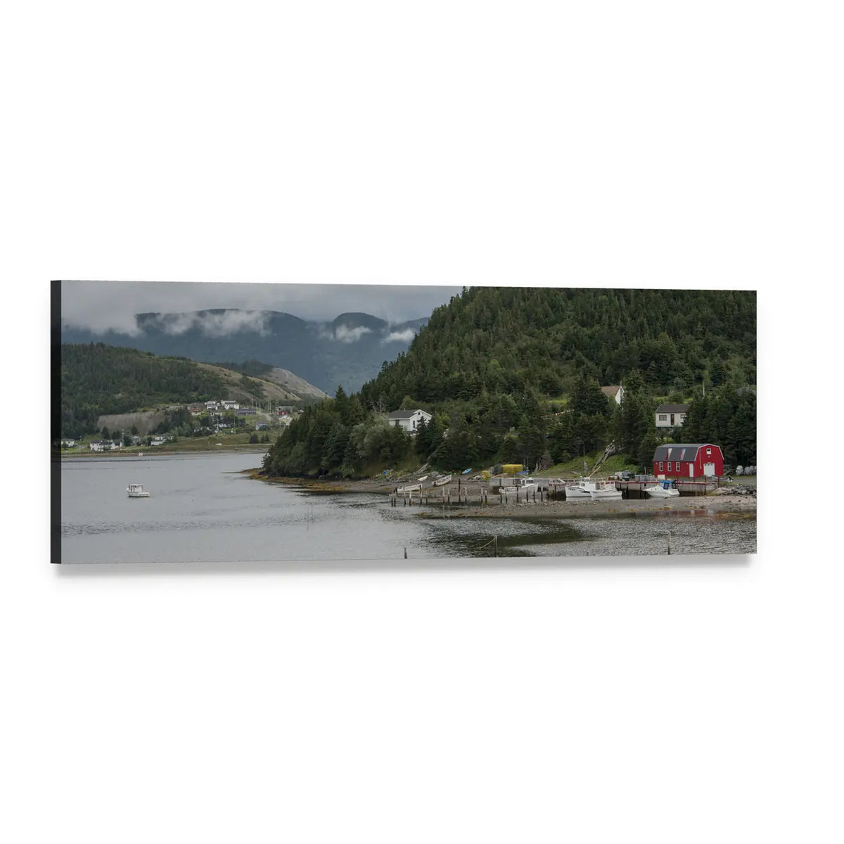 Coastal Village with Red Harbor and Misty Mountains Panoramic Canvas Wall Art, single panel gallery wrapped canvas, angled product view