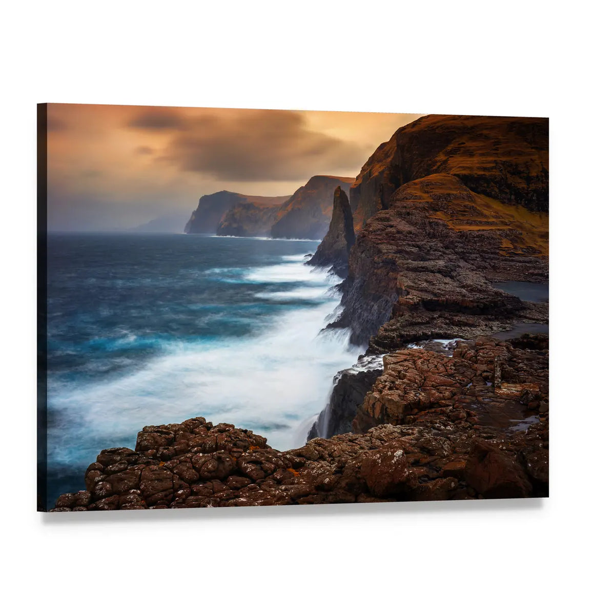 Faroe Islands Cliffs with Long-exposure Waves Canvas Wall Art, single panel gallery wrapped canvas, angled product view