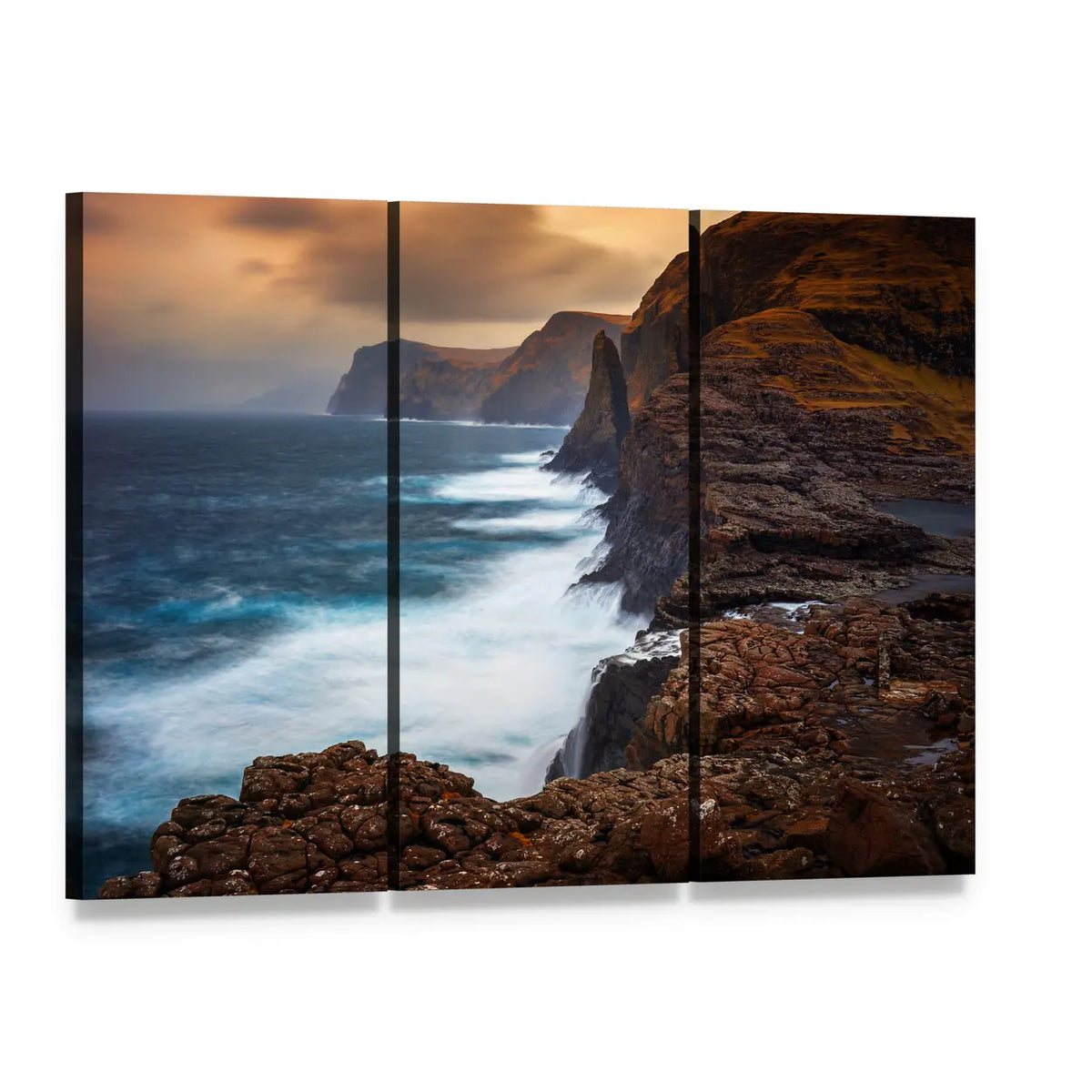 Faroe Islands Cliffs with Long-exposure Waves Canvas Wall Art, 3 panel 3 Horizontal layout gallery wrapped canvas set, angled product view