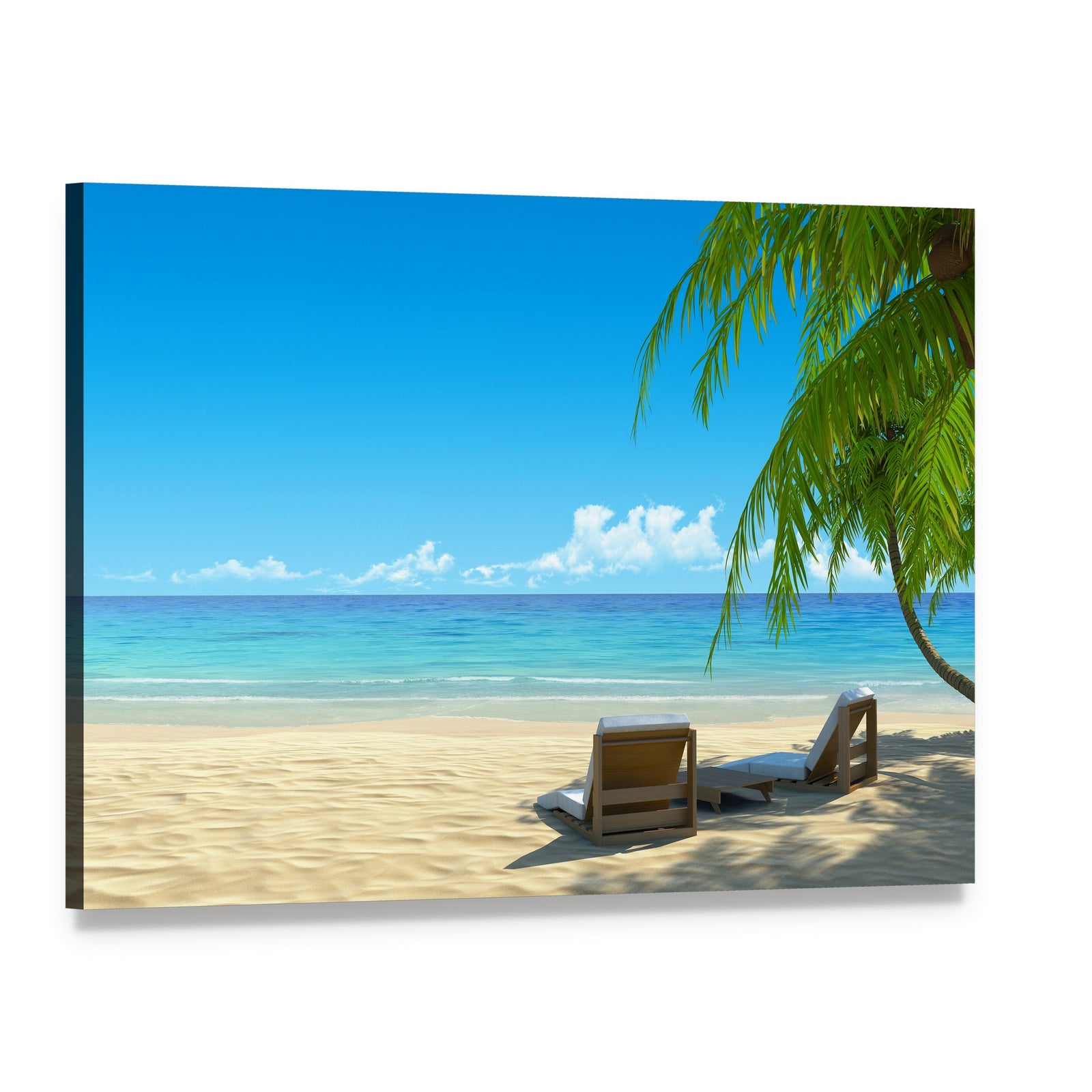 Chairs on Tropical Beach Canvas Wall Art, single panel gallery wrapped canvas, angled product view