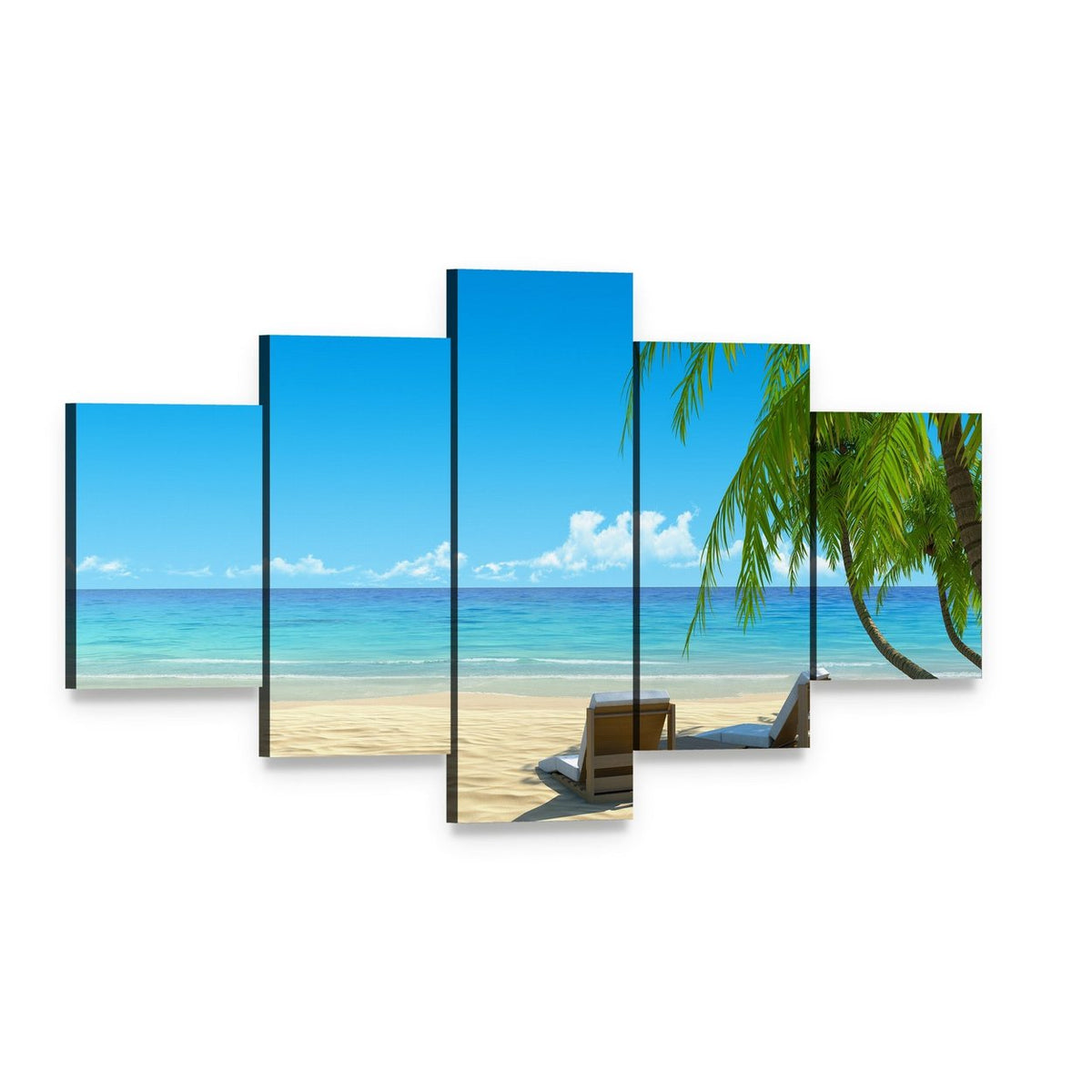 Chairs on Tropical Beach Canvas Wall Art, 5 panel 5 Star layout gallery wrapped canvas set, angled product view