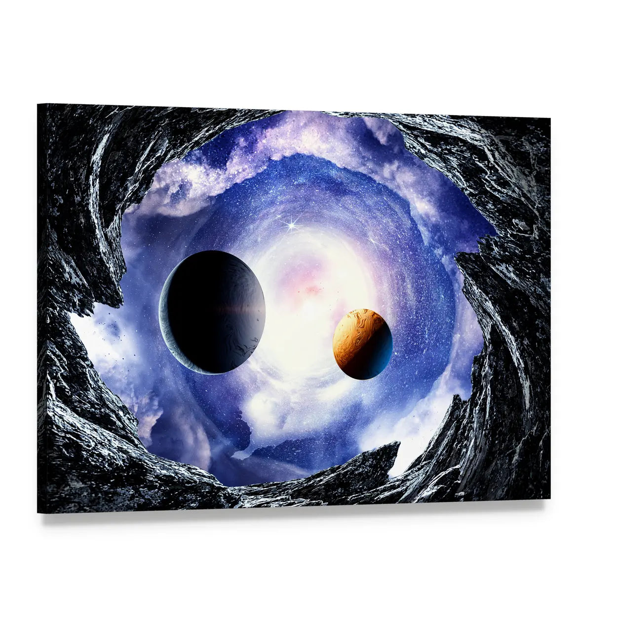 Planets and Nebula Framed by Cave Canvas Wall Art, single panel gallery wrapped canvas, angled product view