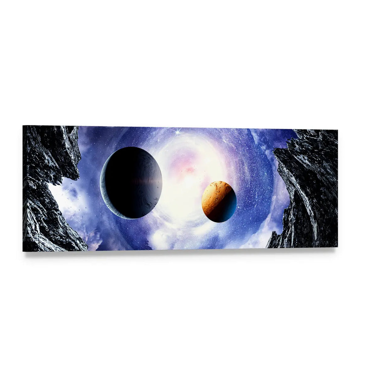 Twin Planets Over Nebula Glow Panoramic Canvas Wall Art, single panel gallery wrapped canvas, angled product view
