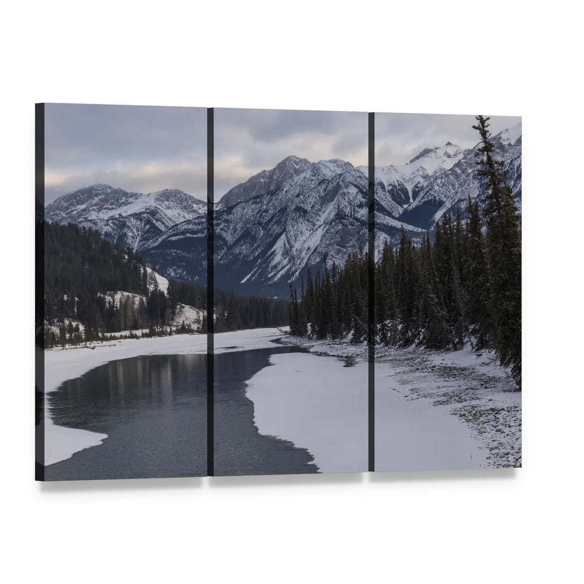 Frozen Maligne Lake with Snow-capped Peaks Canvas Wall Art, 3 panel 3 Horizontal layout gallery wrapped canvas set, angled product view