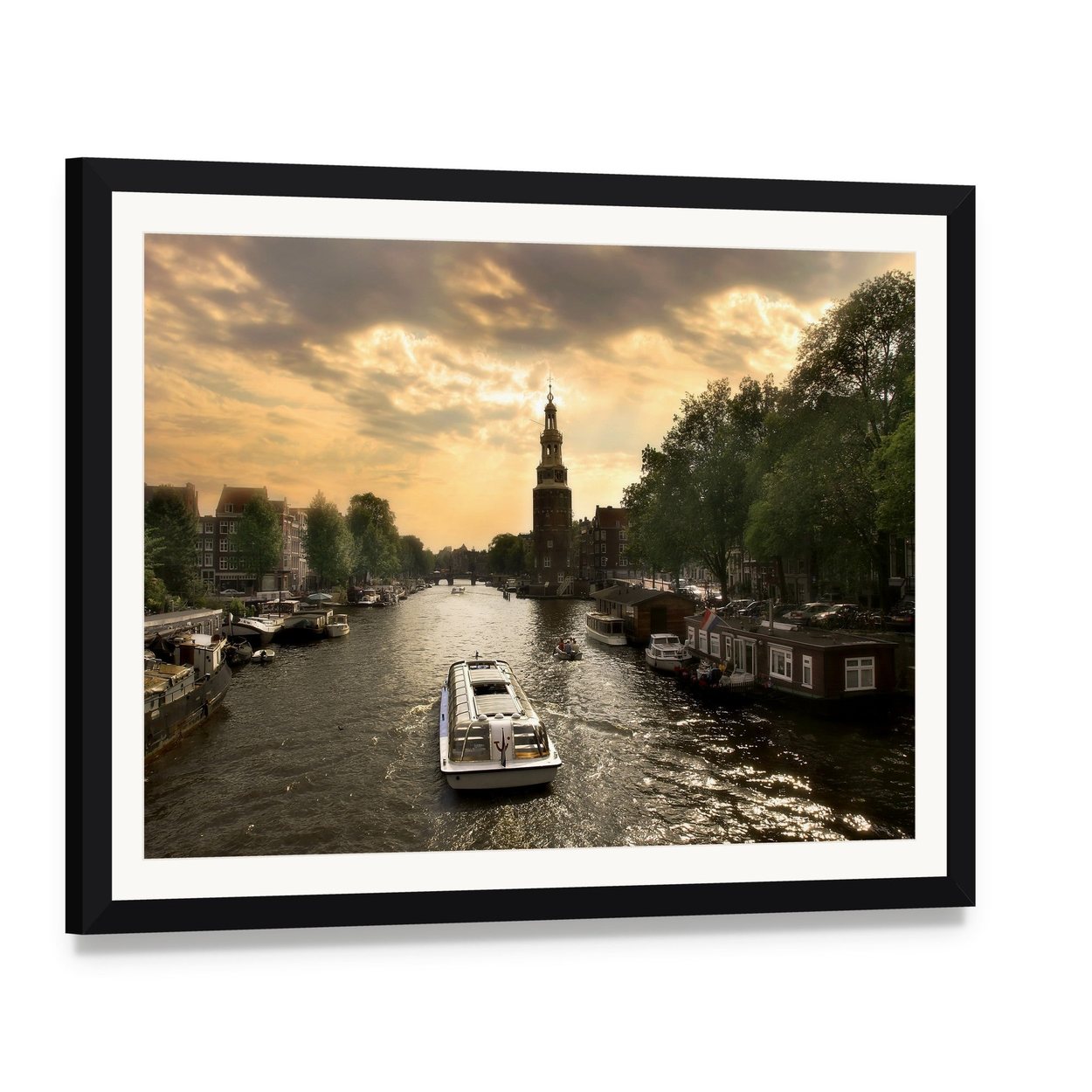 Amstel River Cruise at Sunset Canvas Wall Art, framed print with white mat and black frame, angled product view