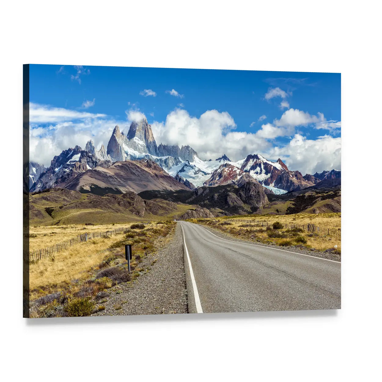 Mountain Road to Fitz Roy Peak Canvas Wall Art, single panel gallery wrapped canvas, angled product view