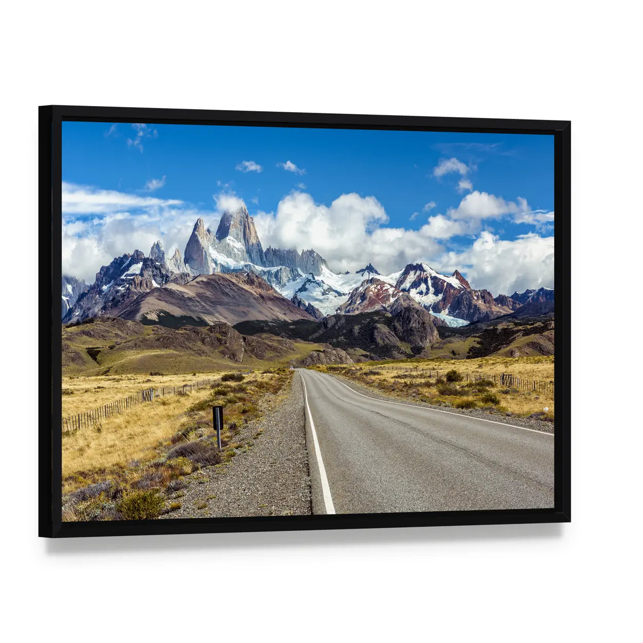 Mountain Road to Fitz Roy Peak Canvas Wall Art, framed canvas in a black floater frame, angled product view