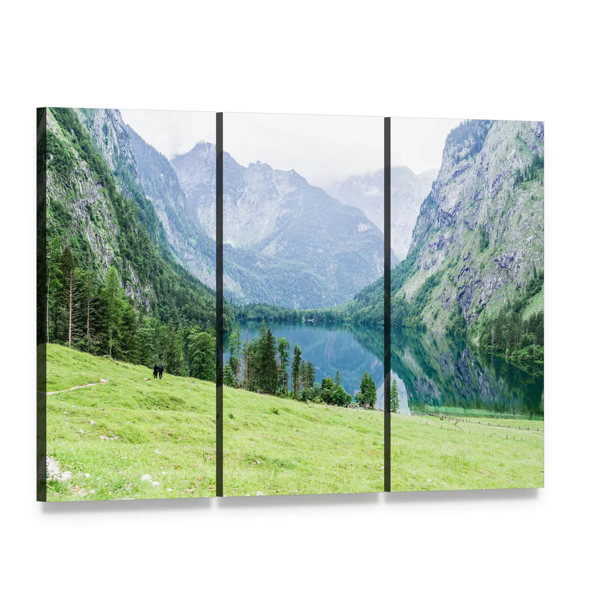 Lake Obersee Mountain Reflection Canvas Wall Art, 3 panel 3 Horizontal layout gallery wrapped canvas set, angled product view