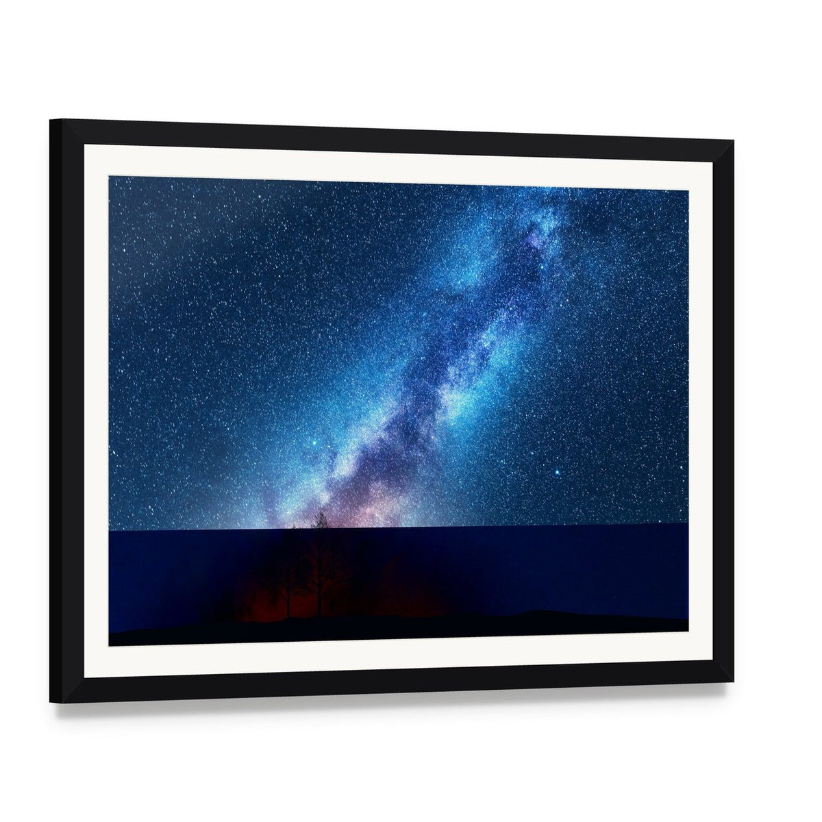 Milky Way Over Silhouetted Trees Canvas Wall Art, framed print with white mat and black frame, angled product view