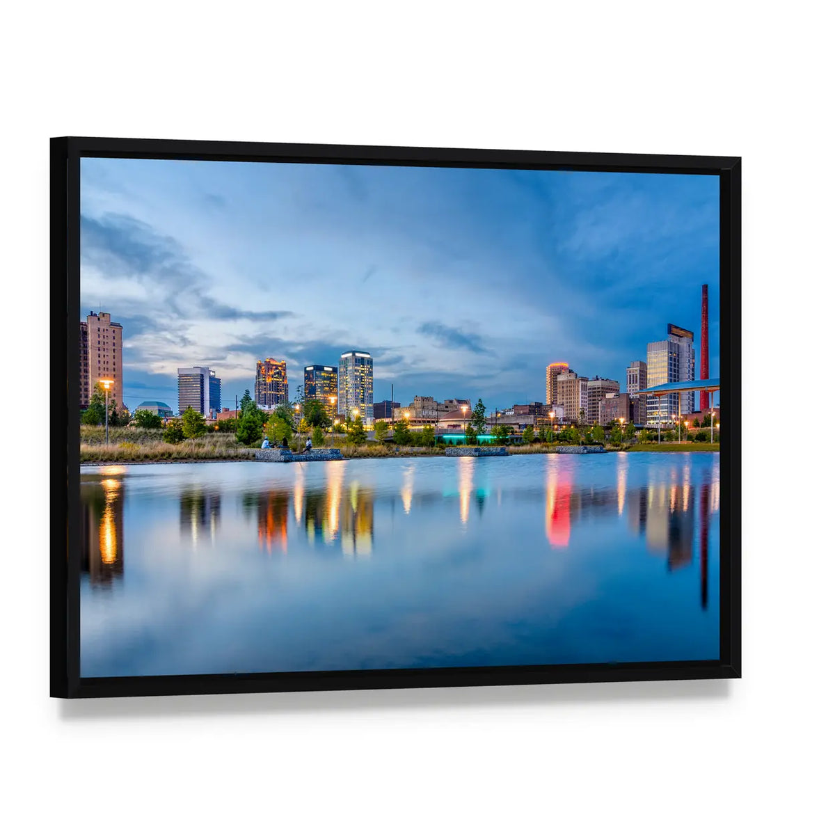 Birmingham Downtown Skyline Canvas Wall Art, framed canvas in a black floater frame, angled product view