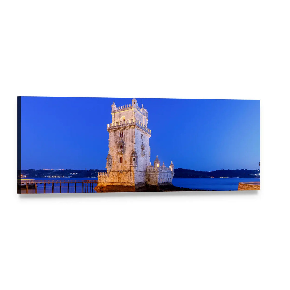 Belém Tower at Blue Hour Panoramic Canvas Wall Art, single panel gallery wrapped canvas, angled product view