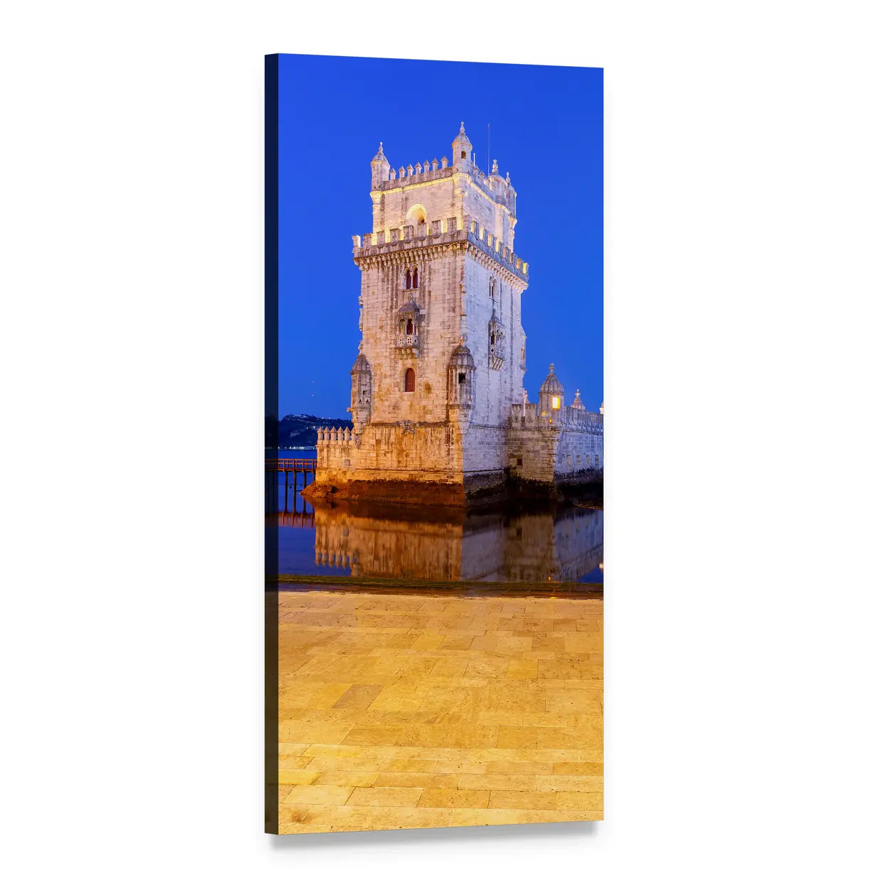 Illuminated Belém Tower River Reflection Vertical Canvas Wall Art, 1 panel 1 Vertical layout gallery wrapped canvas set, angled product view