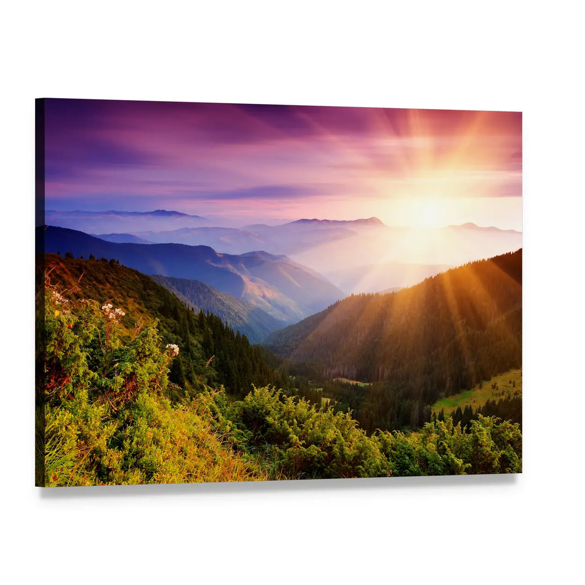 Summer Mountain Sunrise Canvas Wall Art, single panel gallery wrapped canvas, angled product view