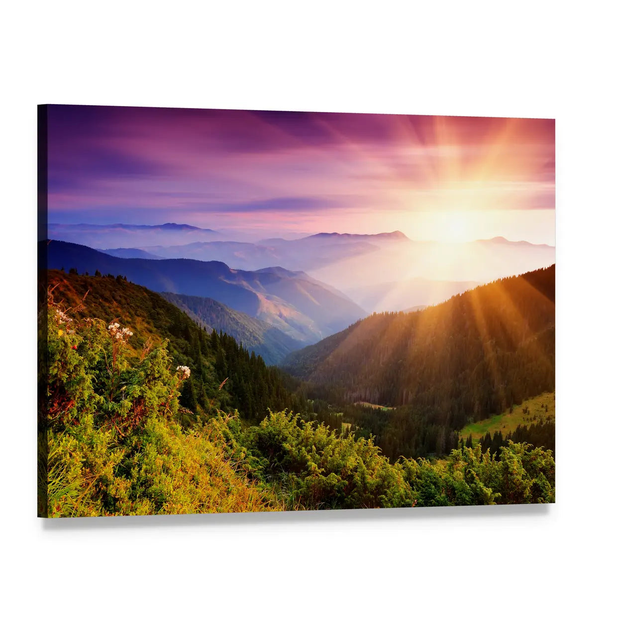 Summer Mountain Sunrise Canvas Wall Art, single panel gallery wrapped canvas, angled product view