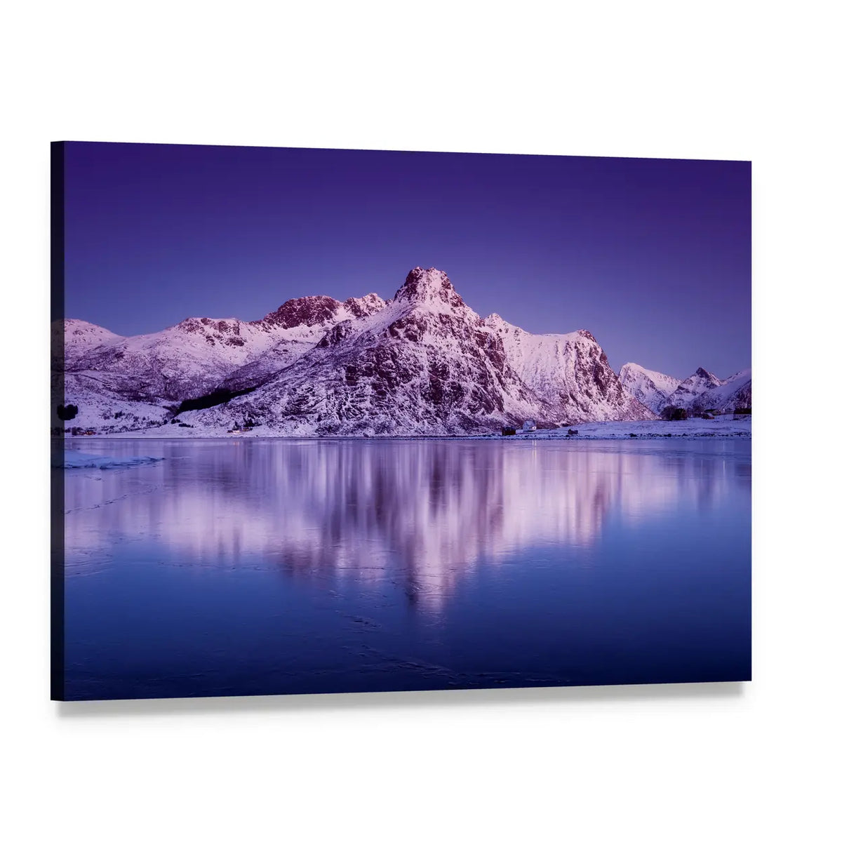 Snowy Mountain Ridge with Lake Reflection Canvas Wall Art, single panel gallery wrapped canvas, angled product view
