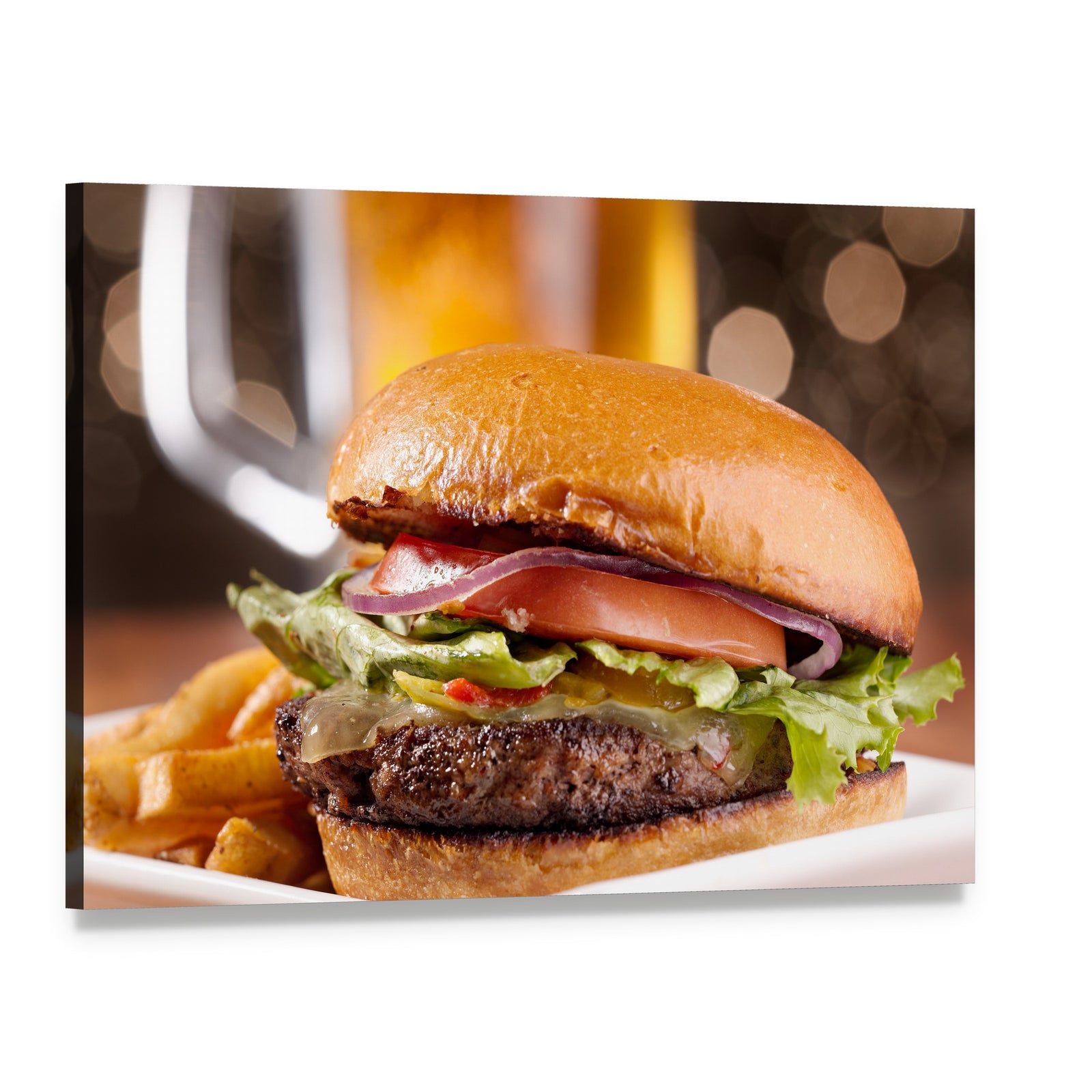 Classic Cheeseburger Close-up Canvas Wall Art, single panel gallery wrapped canvas, angled product view