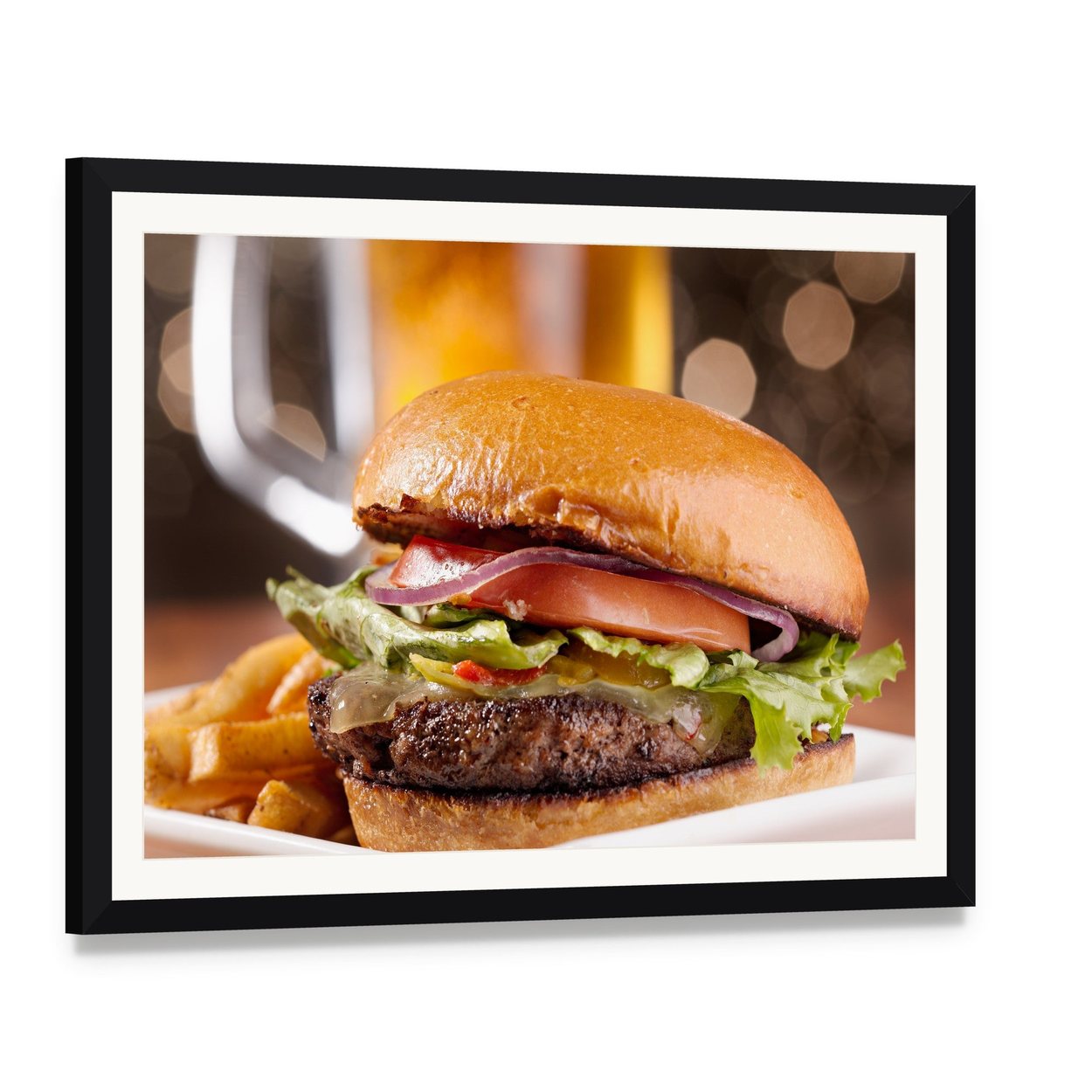 Classic Cheeseburger Close-up Canvas Wall Art, framed print with white mat and black frame, angled product view