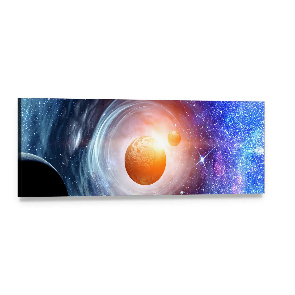 Textured Orange Planet with Cosmic Vortex Panoramic Canvas Wall Art, single panel gallery wrapped canvas, angled product view