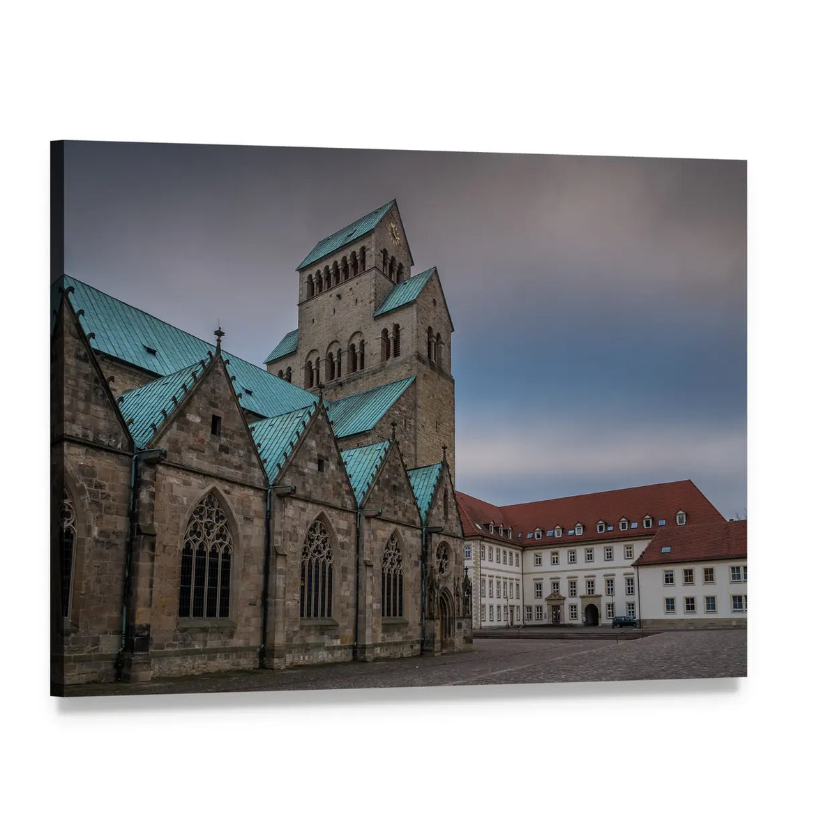 Hildesheim Cathedral with Green Tiled Roof Canvas Wall Art, single panel gallery wrapped canvas, angled product view