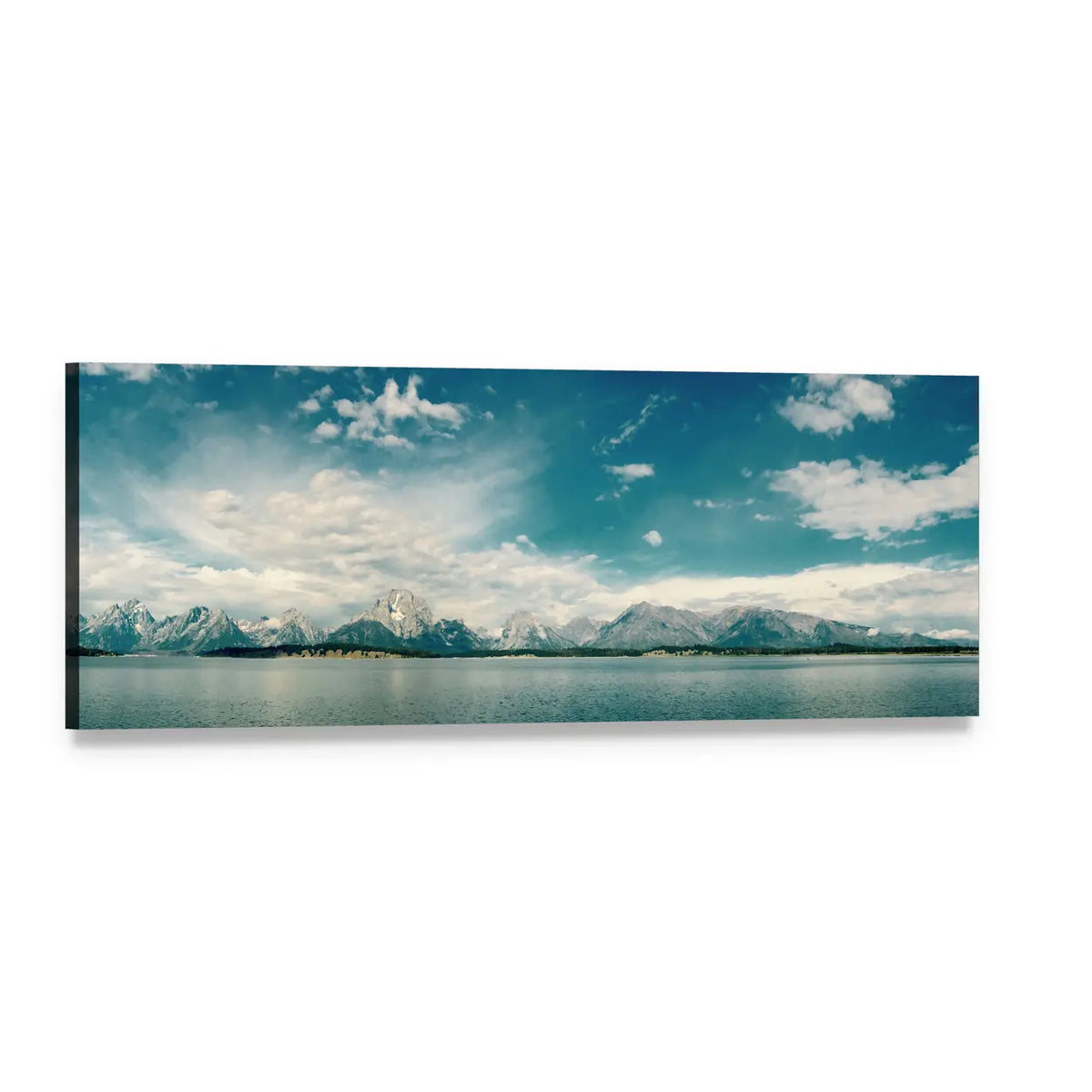 Sea Coastline Under Blue Sky Panoramic Canvas Wall Art, single panel gallery wrapped canvas, angled product view