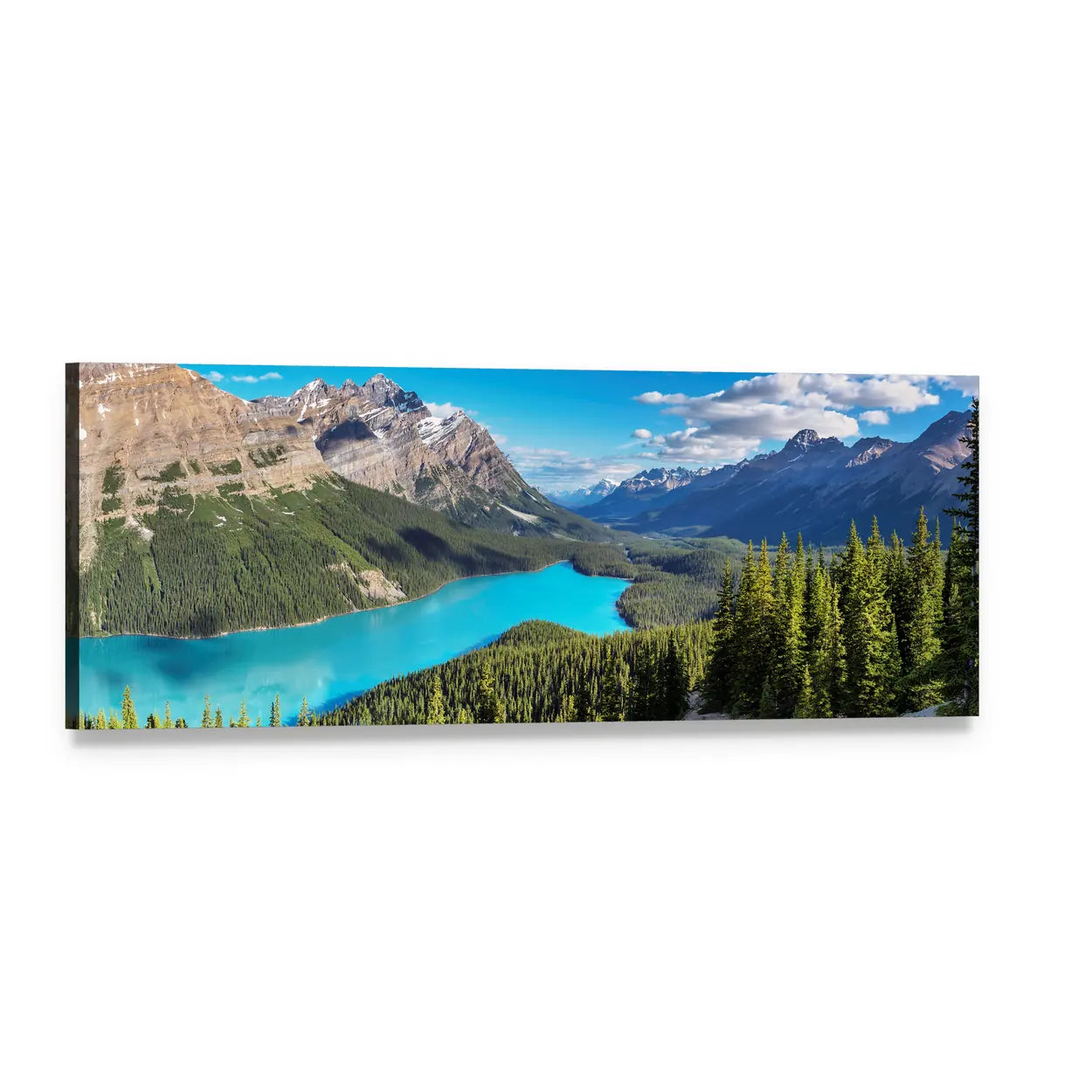 Peyto Lake Turquoise Mountain View Panoramic Canvas Wall Art, single panel gallery wrapped canvas, angled product view