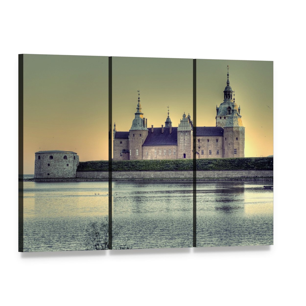Kalmar Castle, Sweden Waterfront Canvas Wall Art, 3 panel 3 Horizontal layout gallery wrapped canvas set, angled product view