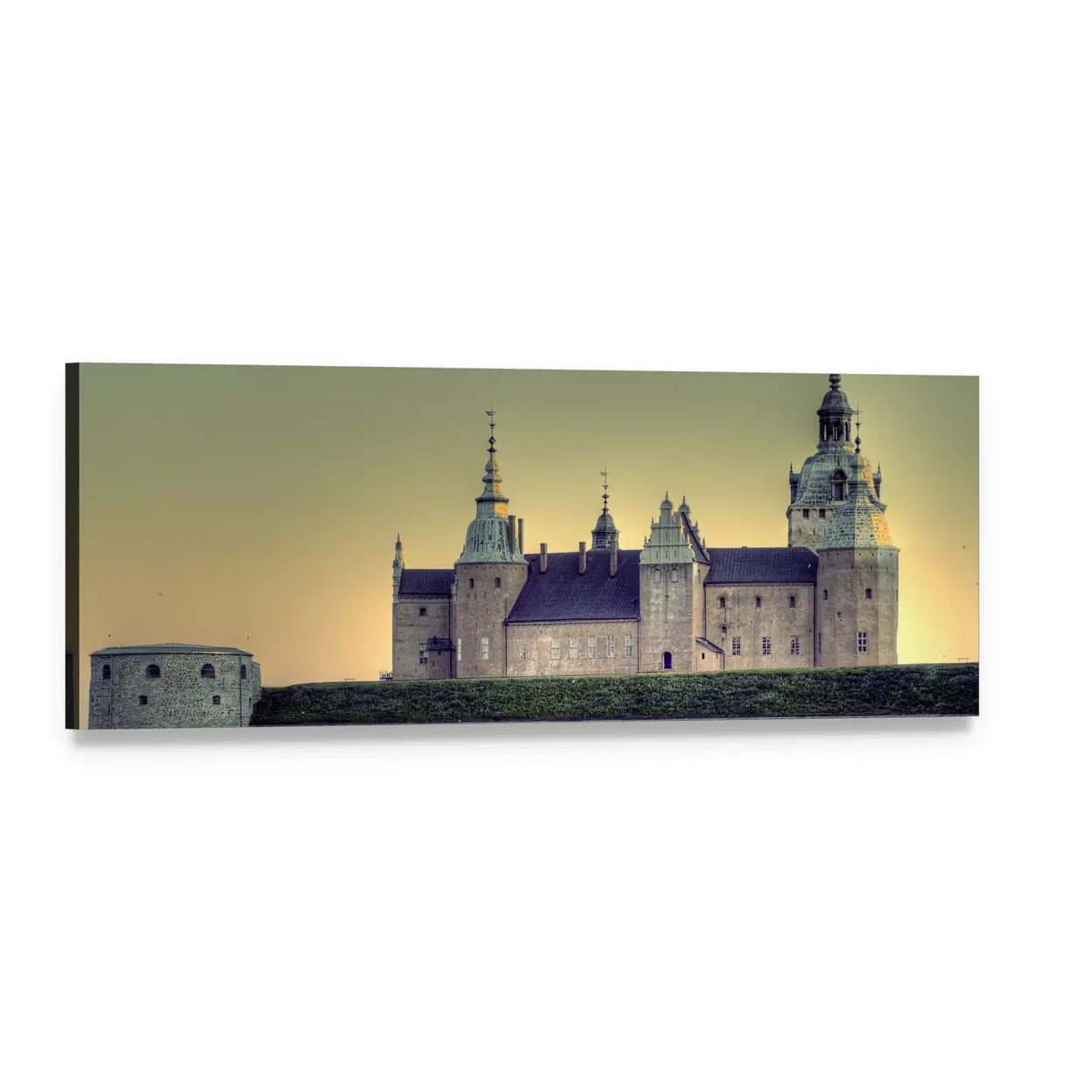 Kalmar Castle Sweden Golden Hour Panoramic Canvas Wall Art, single panel gallery wrapped canvas, angled product view