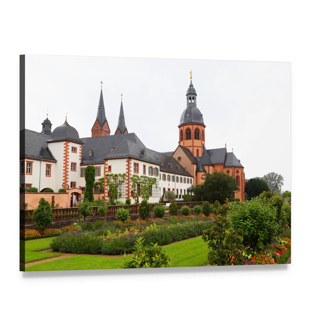 Basilica with Garden and Distinctive Spires Canvas Wall Art, single panel gallery wrapped canvas, angled product view