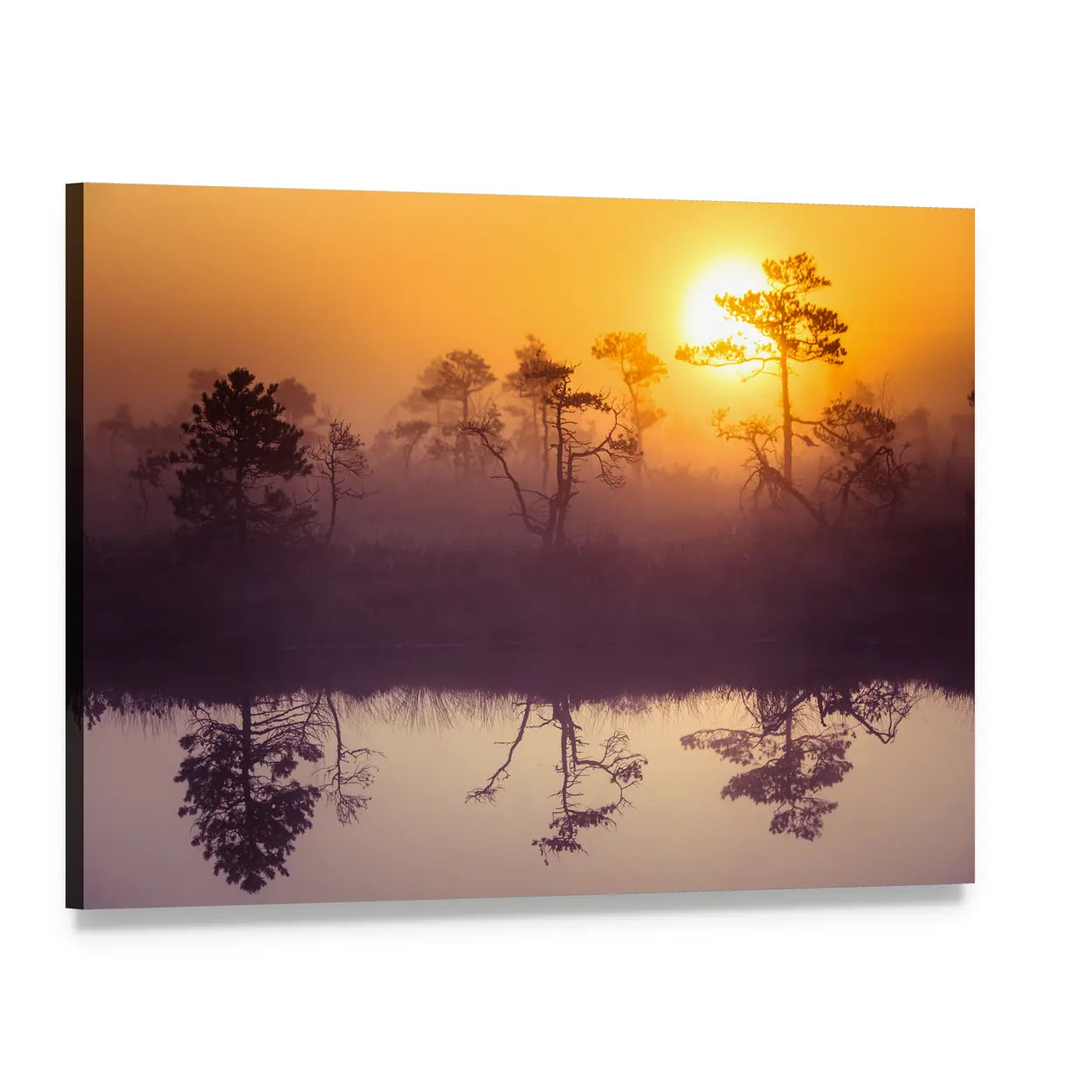 Sunrise Over Misty Lake Canvas Wall Art, single panel gallery wrapped canvas, angled product view