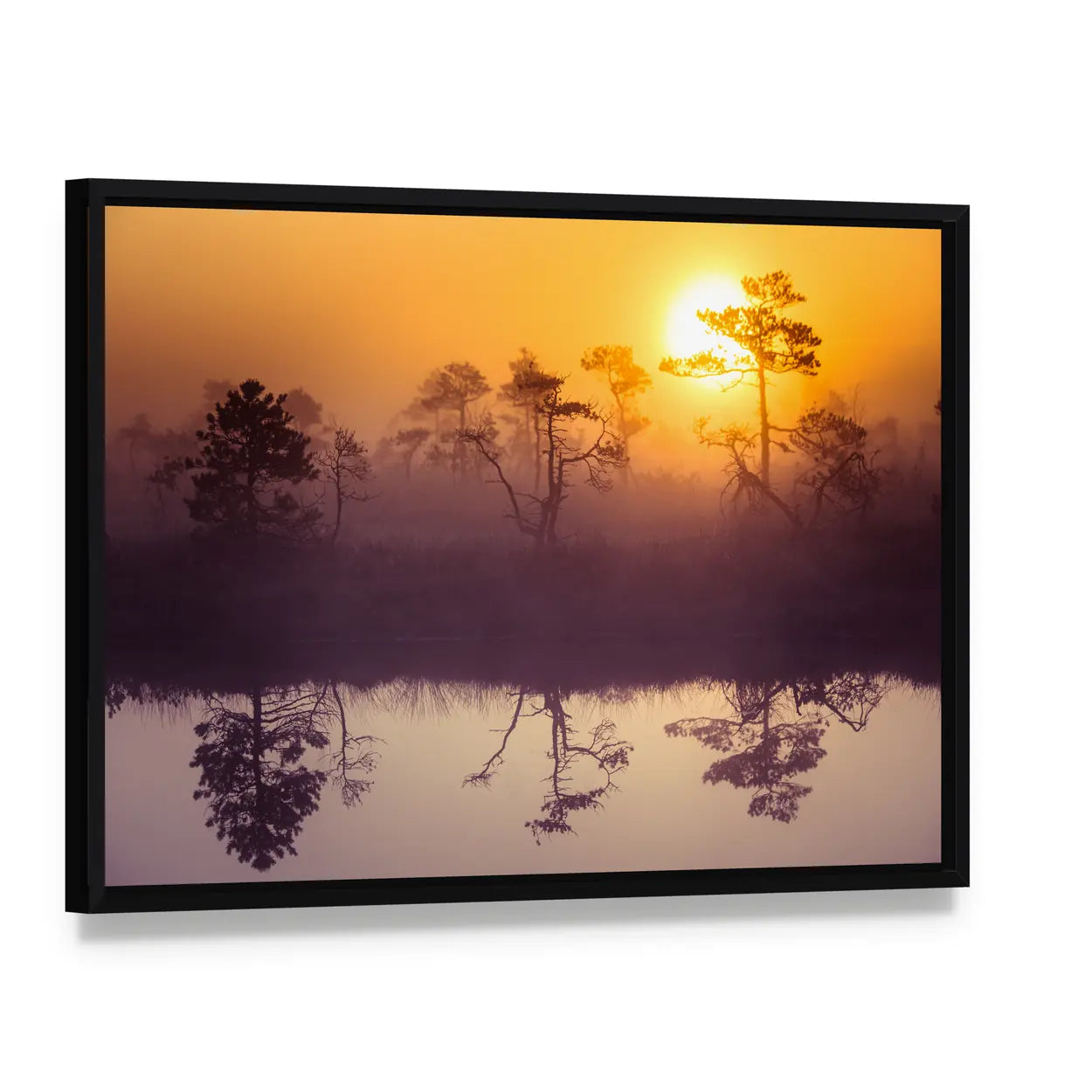 Sunrise Over Misty Lake Canvas Wall Art, framed canvas in a black floater frame, angled product view