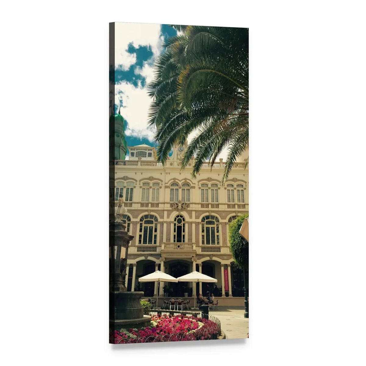 Spanish Plaza Fountain with Pink Flowers Vertical Canvas Wall Art, 1 panel 1 Vertical layout gallery wrapped canvas set, angled product view