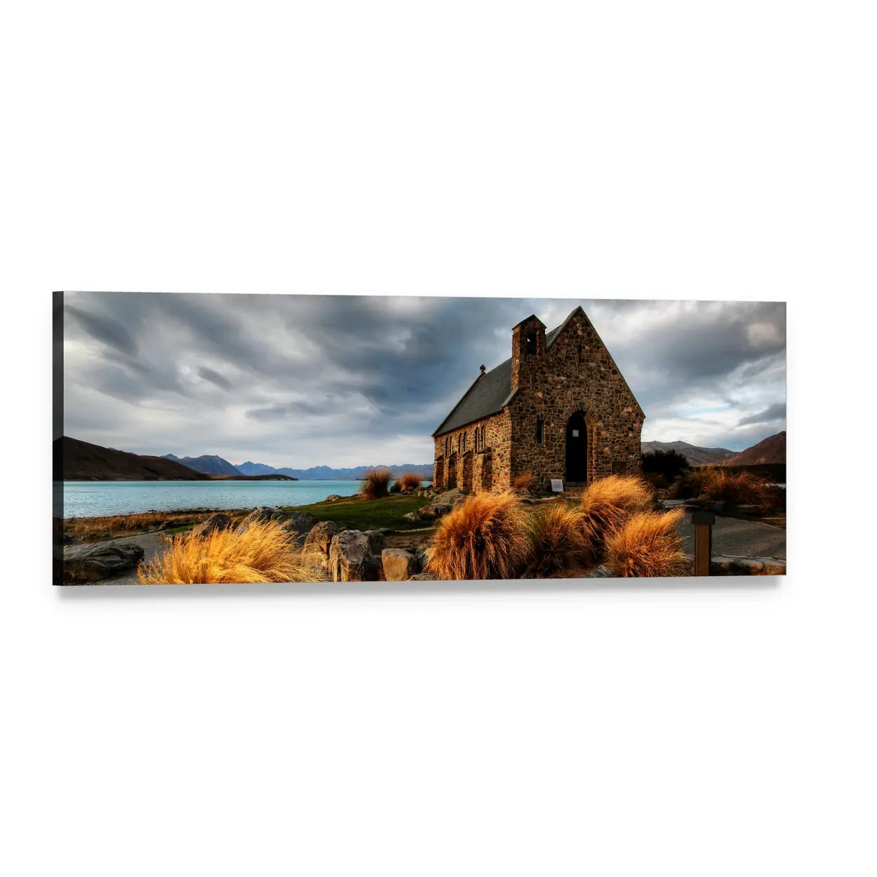 Quiet Church by Glacier Lake Panoramic Canvas Wall Art, single panel gallery wrapped canvas, angled product view